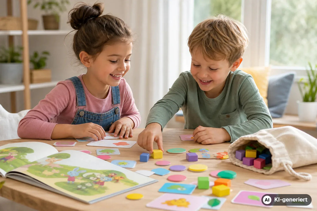 Bunte Lernspielmaterialien mit Würfeln, Rechensteinen, Bildkarten und Kinderbuch