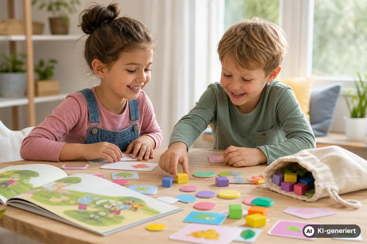 Bunte Lernspielmaterialien mit Würfeln, Rechensteinen, Bildkarten und Kinderbuch