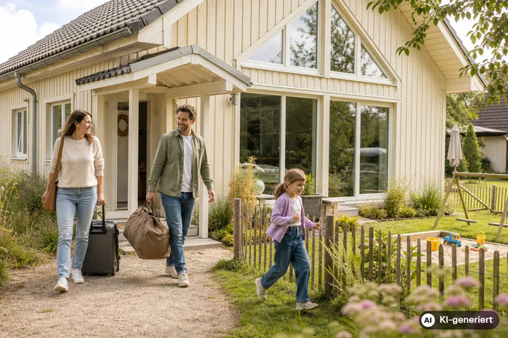 Familie kommt mit Gepäck an einem kinderfreundlichen Ferienhaus mit Garten an