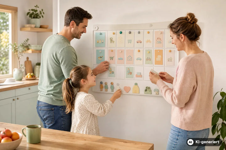 Familie organisiert gemeinsam eine übersichtliche Wochenplanung in der hellen Küche