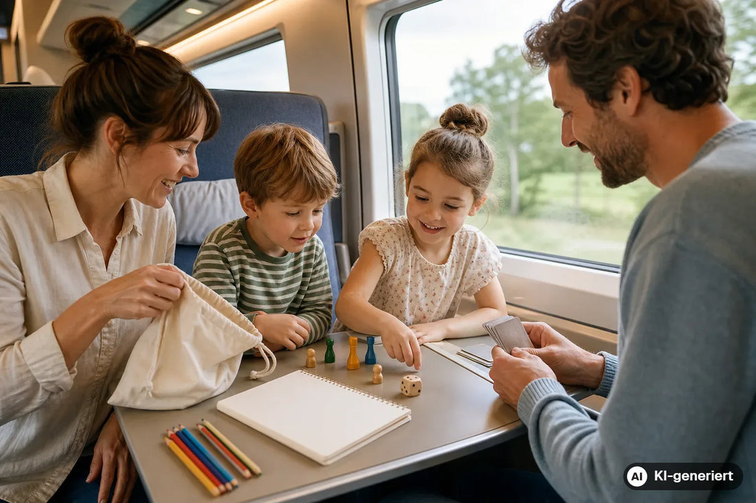 Familie packt eine kleine Tasche mit analogen Reisespielen im Zug aus