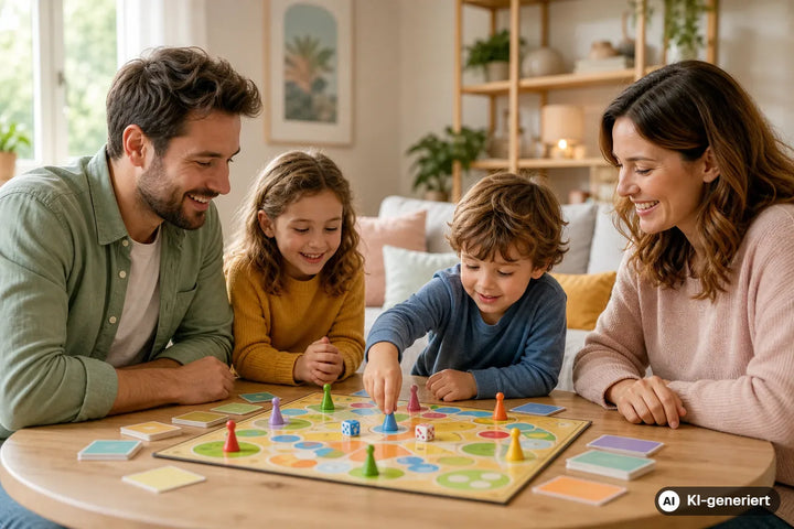 Familie unterschiedlichen Alters spielt gemeinsam ein buntes Brettspiel am Tisch
