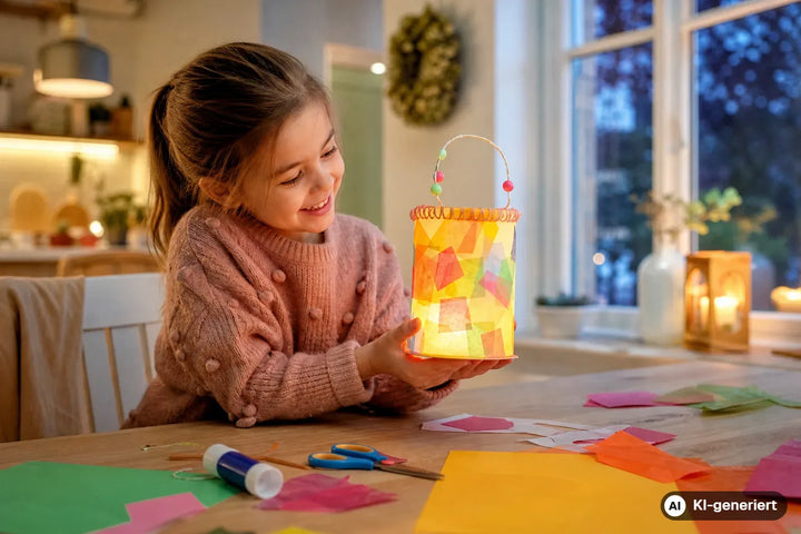 Kind bastelt eine bunte Martinslaterne mit Transparentpapier und warmem LED-Licht