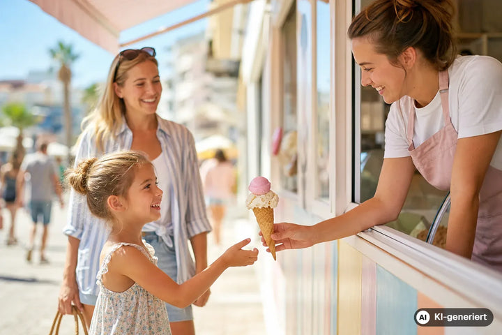 Kind bestellt selbstbewusst ein Eis an einer Eisdiele im Familienurlaub