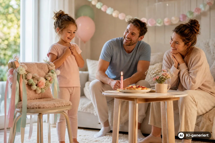 Kind entdeckt am Geburtstag einen geschmückten Platz und ein liebevolles Frühstück