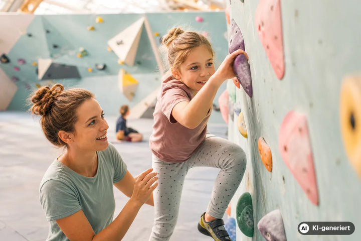 Kind entdeckt beim Schnuppertraining mit Freude das Klettern an einer Boulderwand