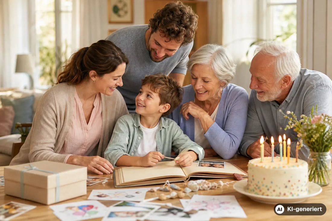 Kind feiert Geburtstag mit Familie, Erinnerungsbuch, Fotos und persönlichen Andenken