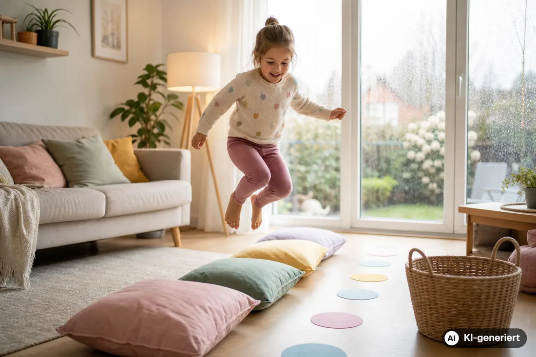 Kind springt im Wohnzimmer über Kissen und spielt trotz Regen ein Bewegungsspiel