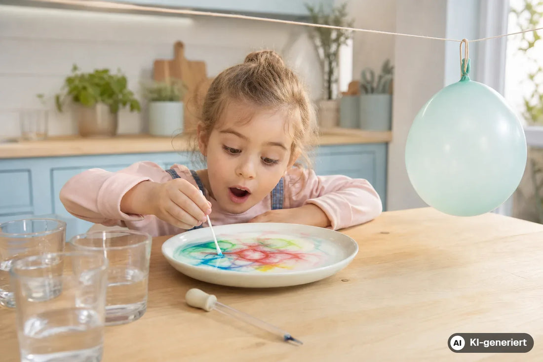 Kind staunt über farbige Wirbel beim Experimentieren mit Milch, Gläsern und Luftballon