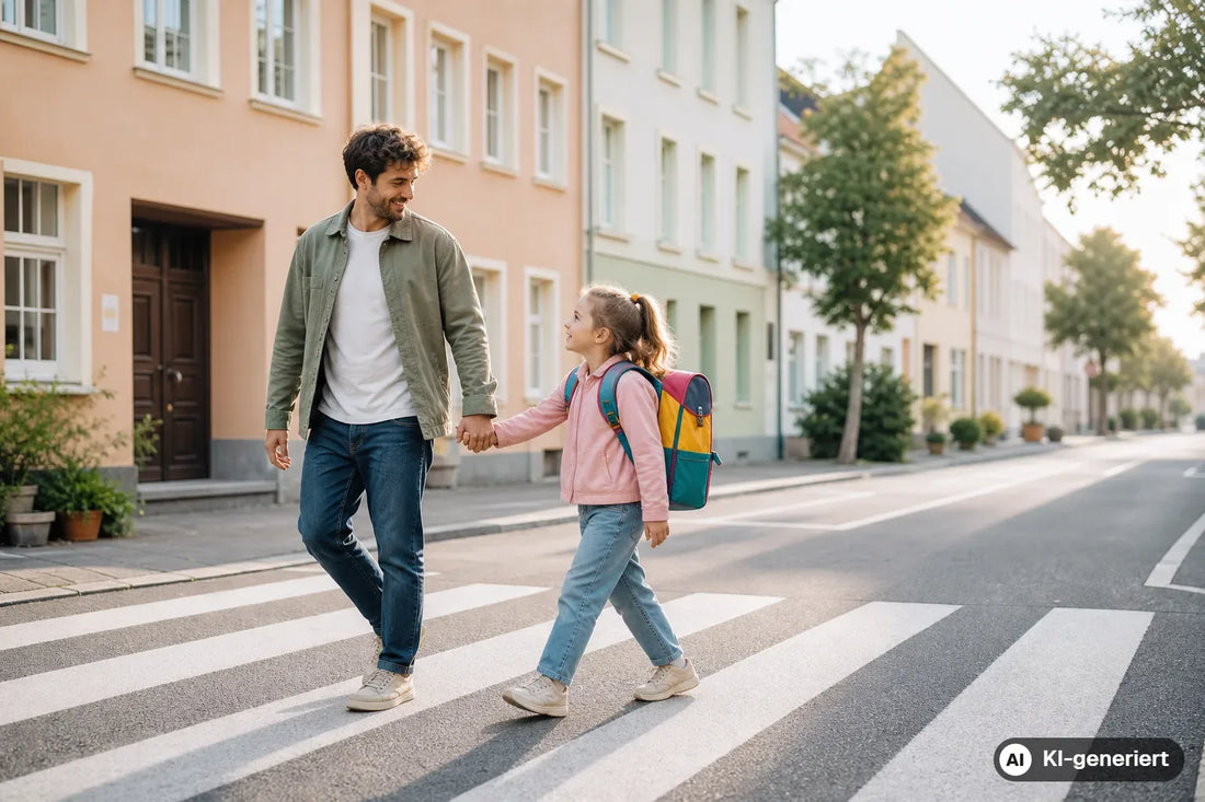 Kind übt mit einem Elternteil den sicheren Schulweg am Zebrastreifen