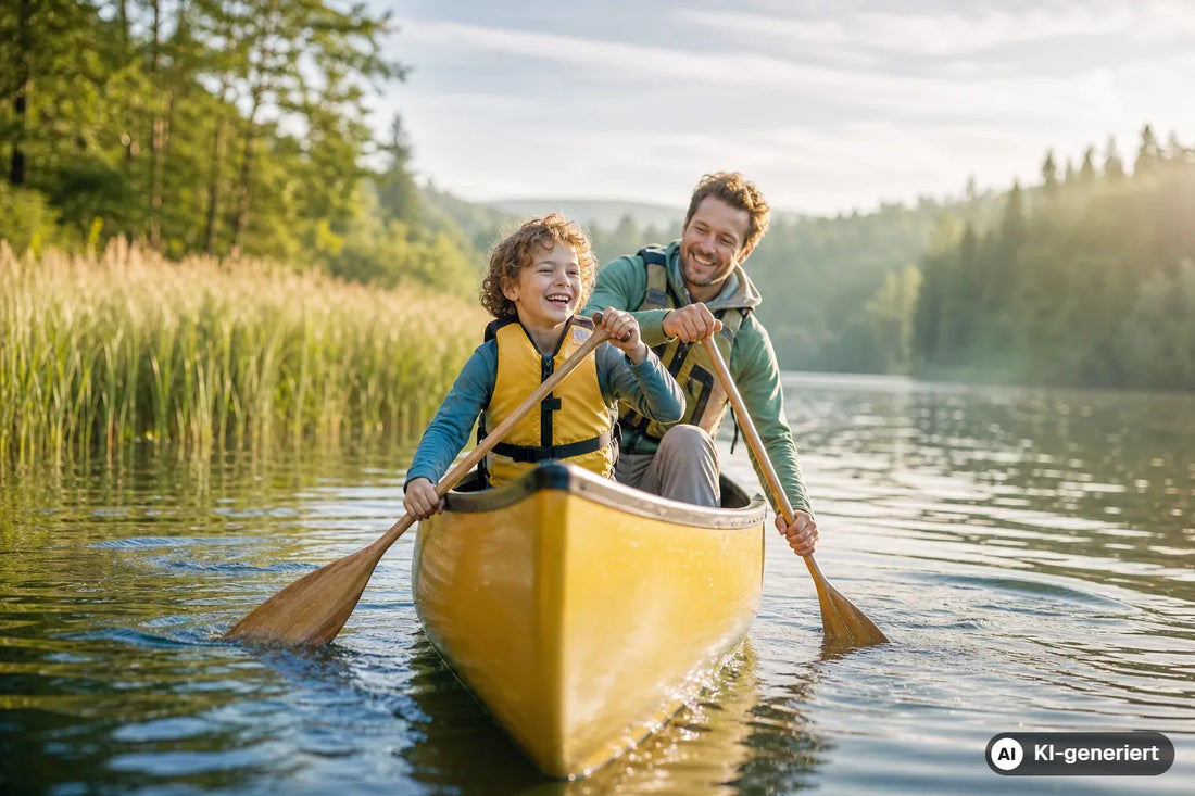 Kind und erwachsene Person paddeln gemeinsam in einem gelben Kanu auf einem See