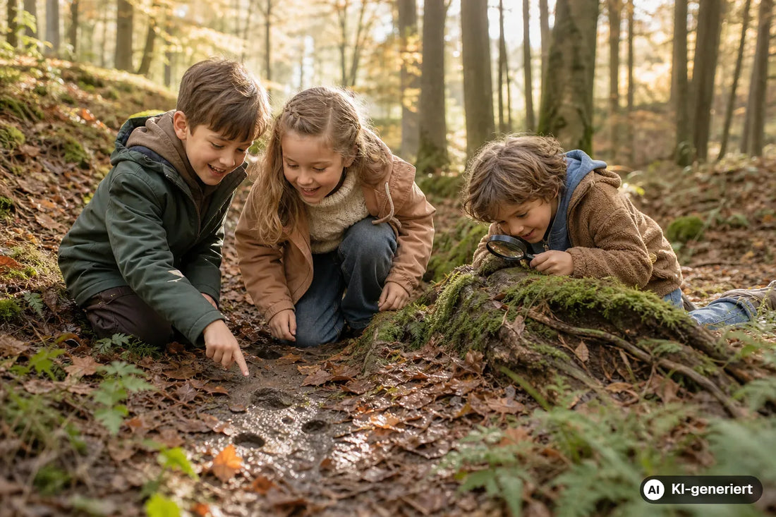 Kinder entdecken Tierspuren und Moos bei einem Waldspaziergang