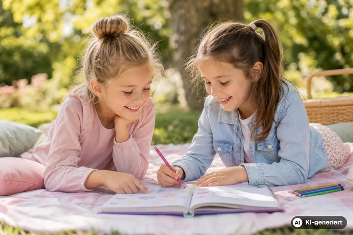 Kinder füllen gemeinsam ein buntes Freundebuch im Park aus