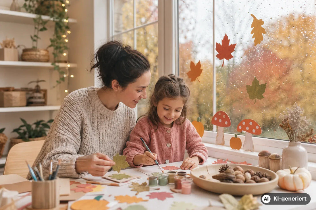 Kreativer Herbstplatz mit buntem Fensterbild, Bastelmaterial und Regen draußen