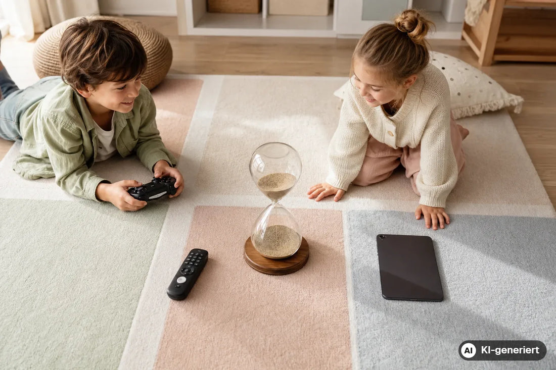 Sanduhr, Tablet, Fernbedienung und Spielecontroller als Symbol für klare Bildschirmzeit-Regeln