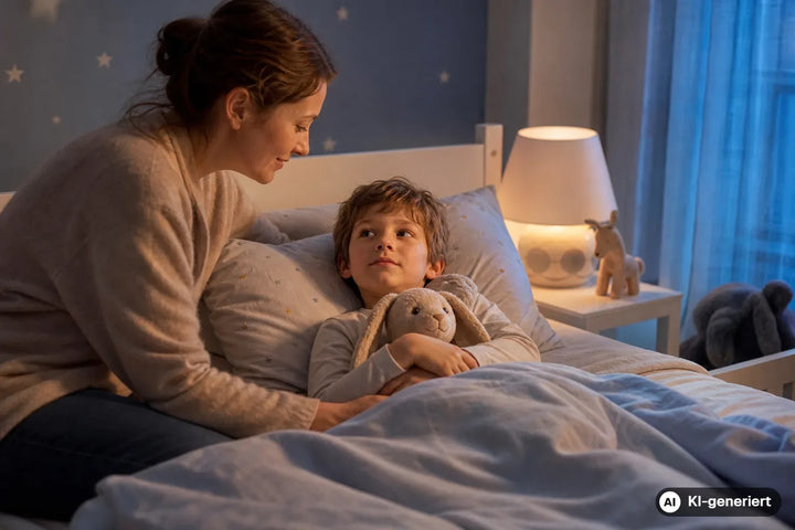Waches Kind im Bett und vertraute erwachsene Person bei ruhigem Abendritual im Kinderzimmer