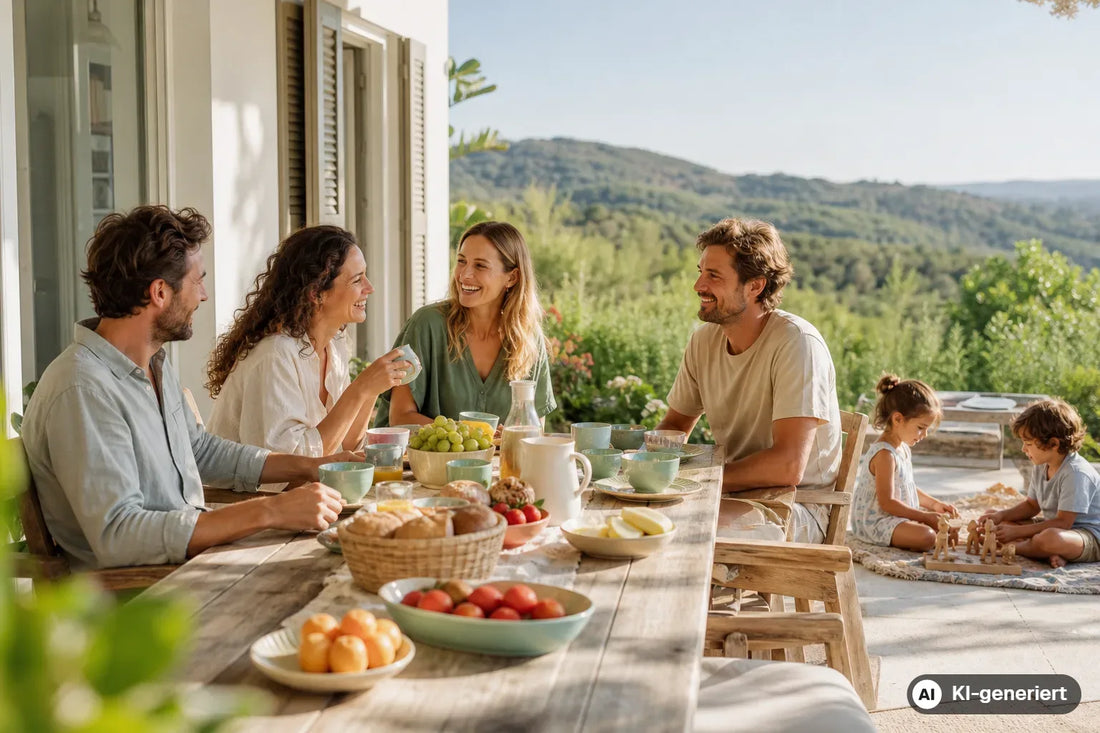 Zwei befreundete Familien frühstücken entspannt auf der Terrasse eines Ferienhauses