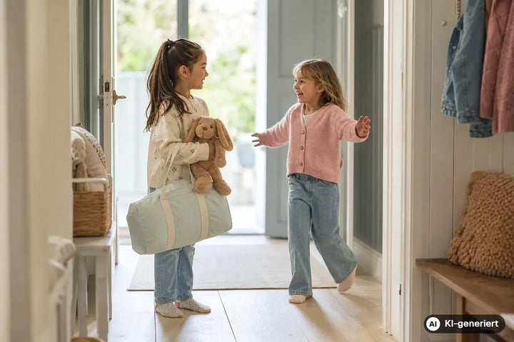 Zwei Kinder begrüßen sich zur ersten Übernachtung, eines mit Reisetasche und Kuscheltier