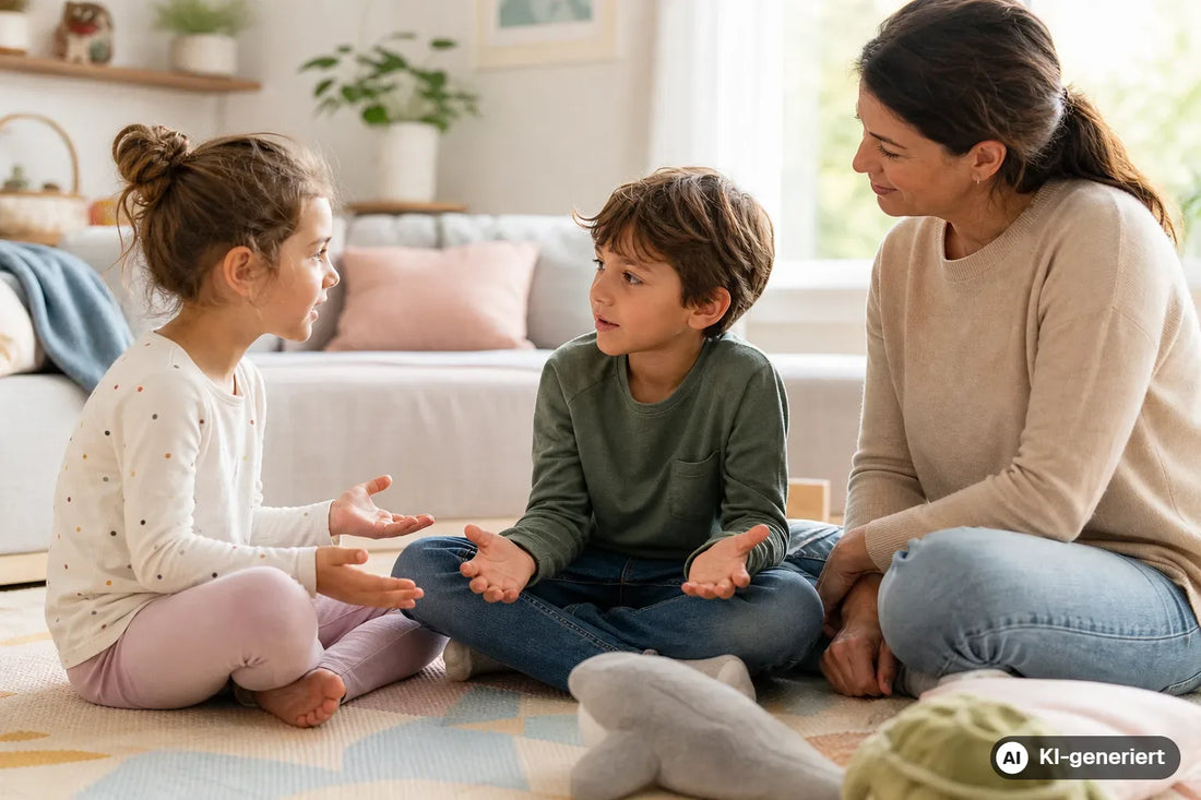Zwei Kinder klären mit Unterstützung einer Erwachsenen ihren Streit