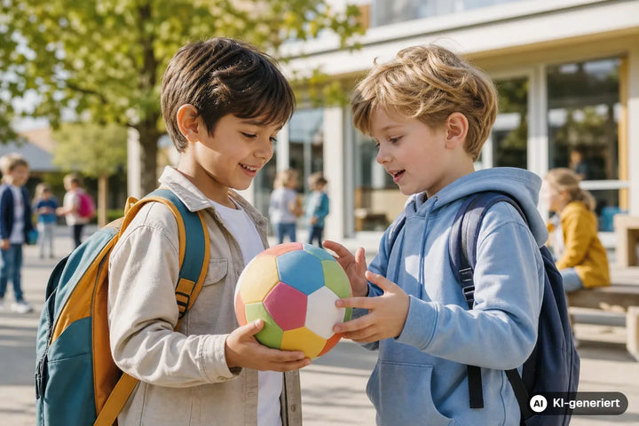 Zwei Kinder lernen sich auf dem Schulhof kennen und beginnen eine neue Freundschaft