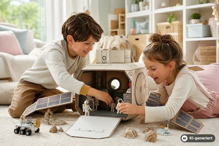 Zwei Kinder spielen gemeinsam mit einer selbst gebauten Karton-Raumstation im hellen Wohnzimmer