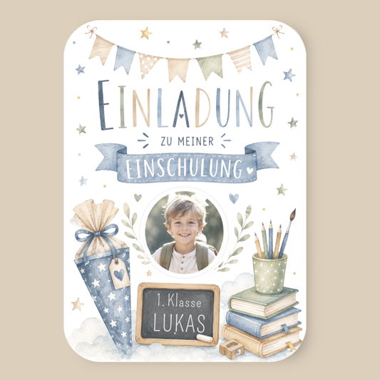 Einladungskarte Einschulung personalisiert mit Foto – Blau