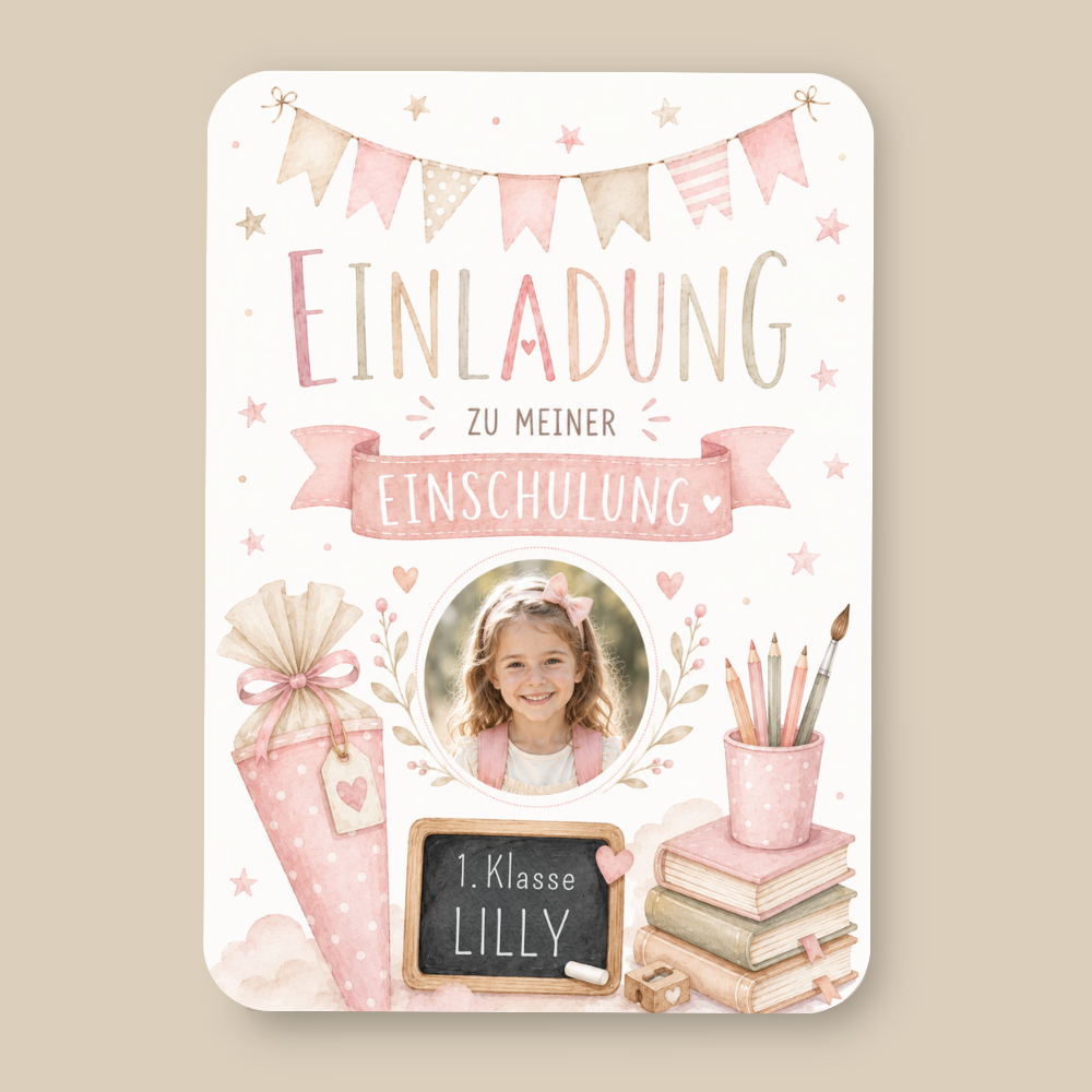 Einladungskarte Einschulung personalisiert mit Foto – Rosa