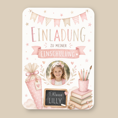 Einladungskarte Einschulung personalisiert mit Foto – Rosa