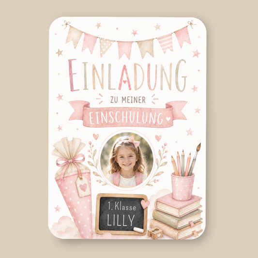 Einladungskarte Einschulung personalisiert mit Foto – Rosa