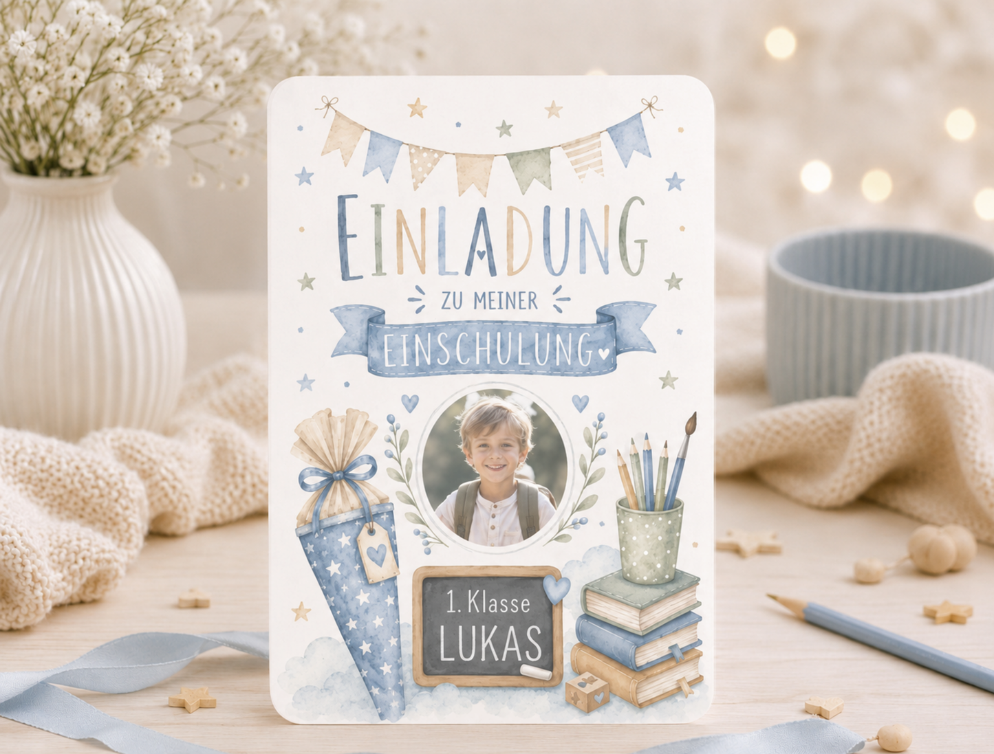 Einladungskarte Einschulung personalisiert mit Foto – Blau