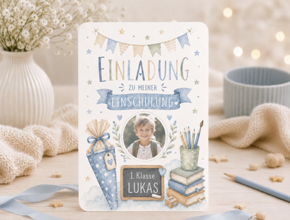 Einladungskarte Einschulung personalisiert mit Foto – Blau