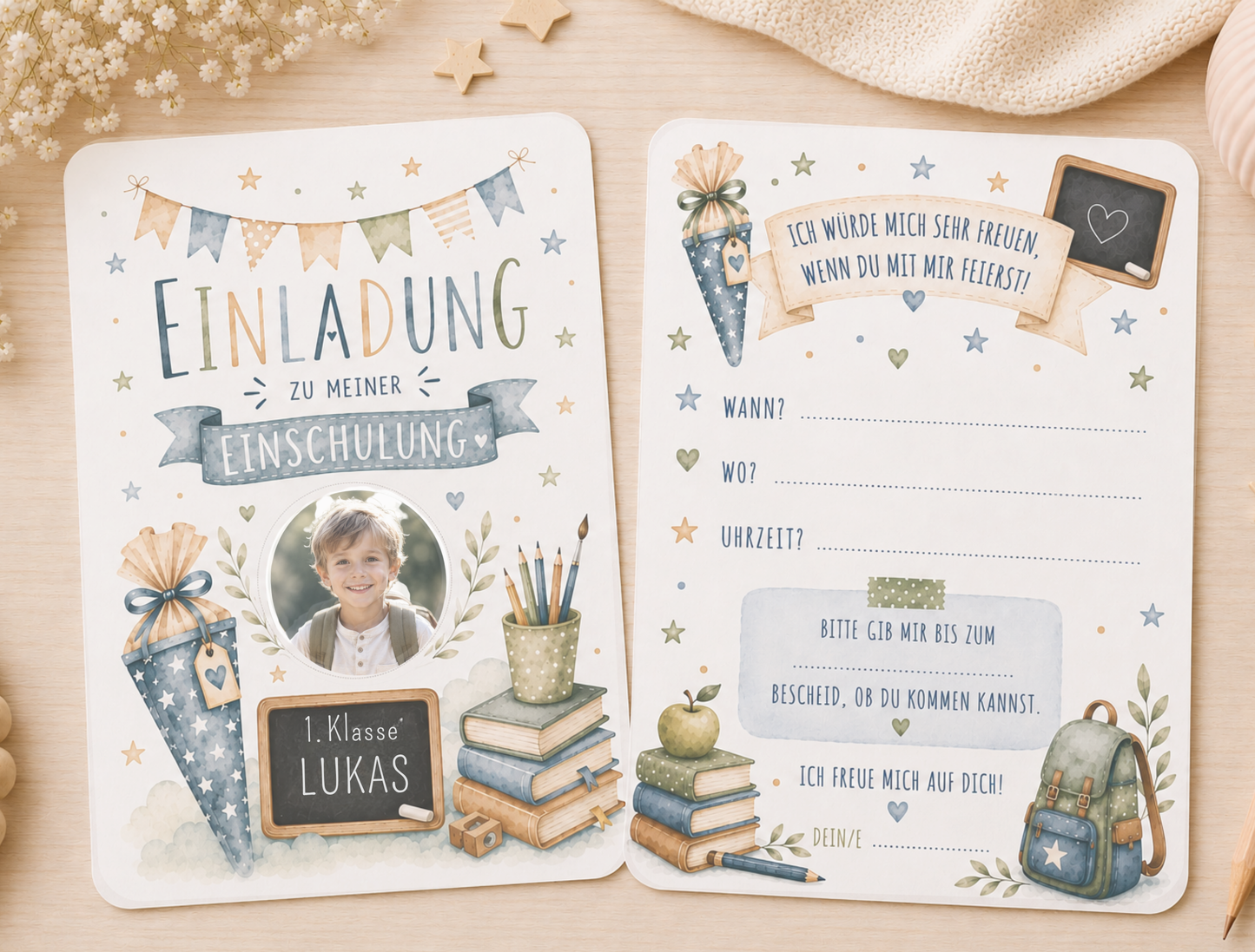Einladungskarte Einschulung personalisiert mit Foto – Blau