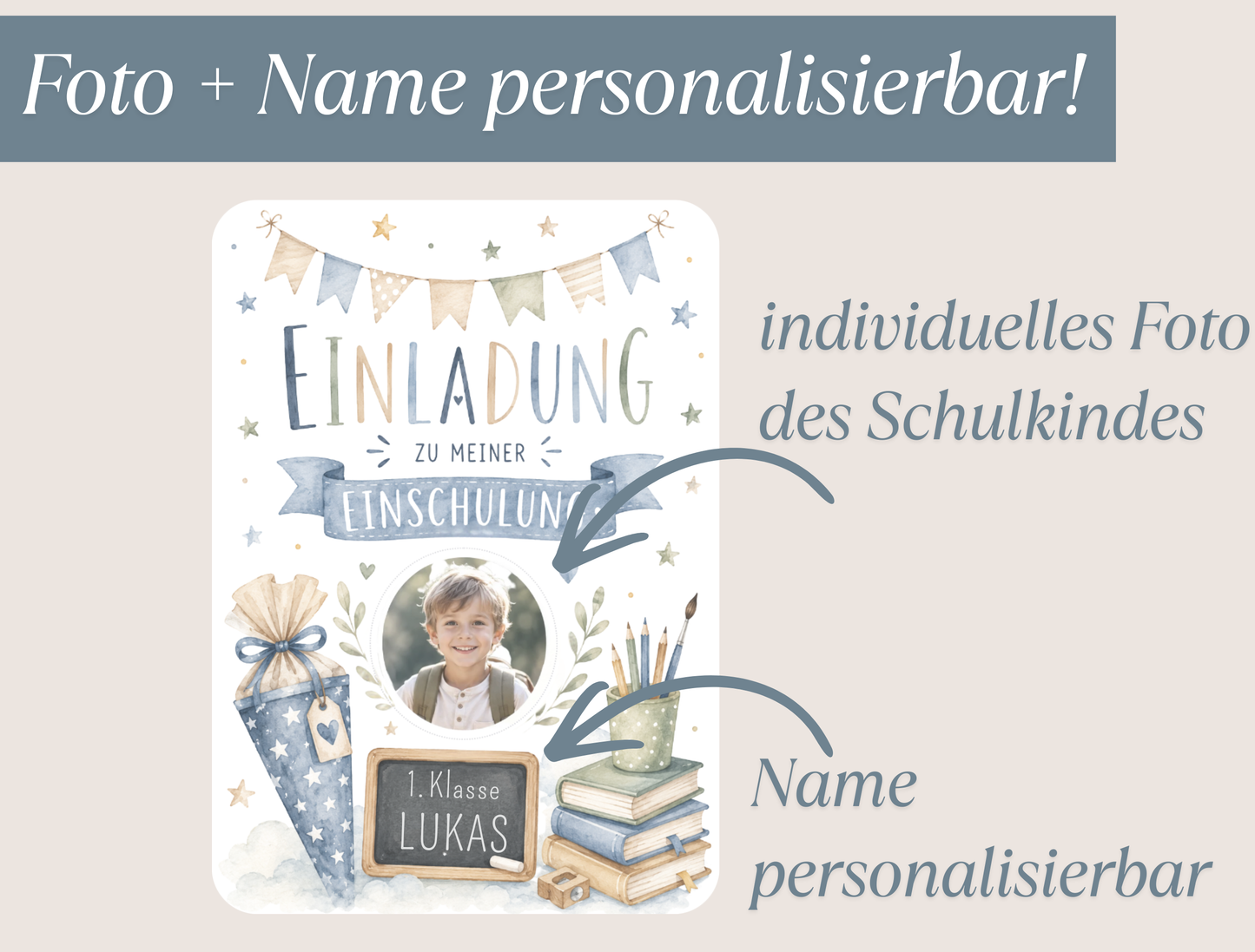 Einladungskarte Einschulung personalisiert mit Foto – Blau