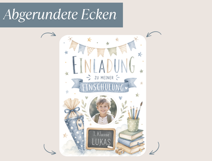 Einladungskarte Einschulung personalisiert mit Foto – Blau
