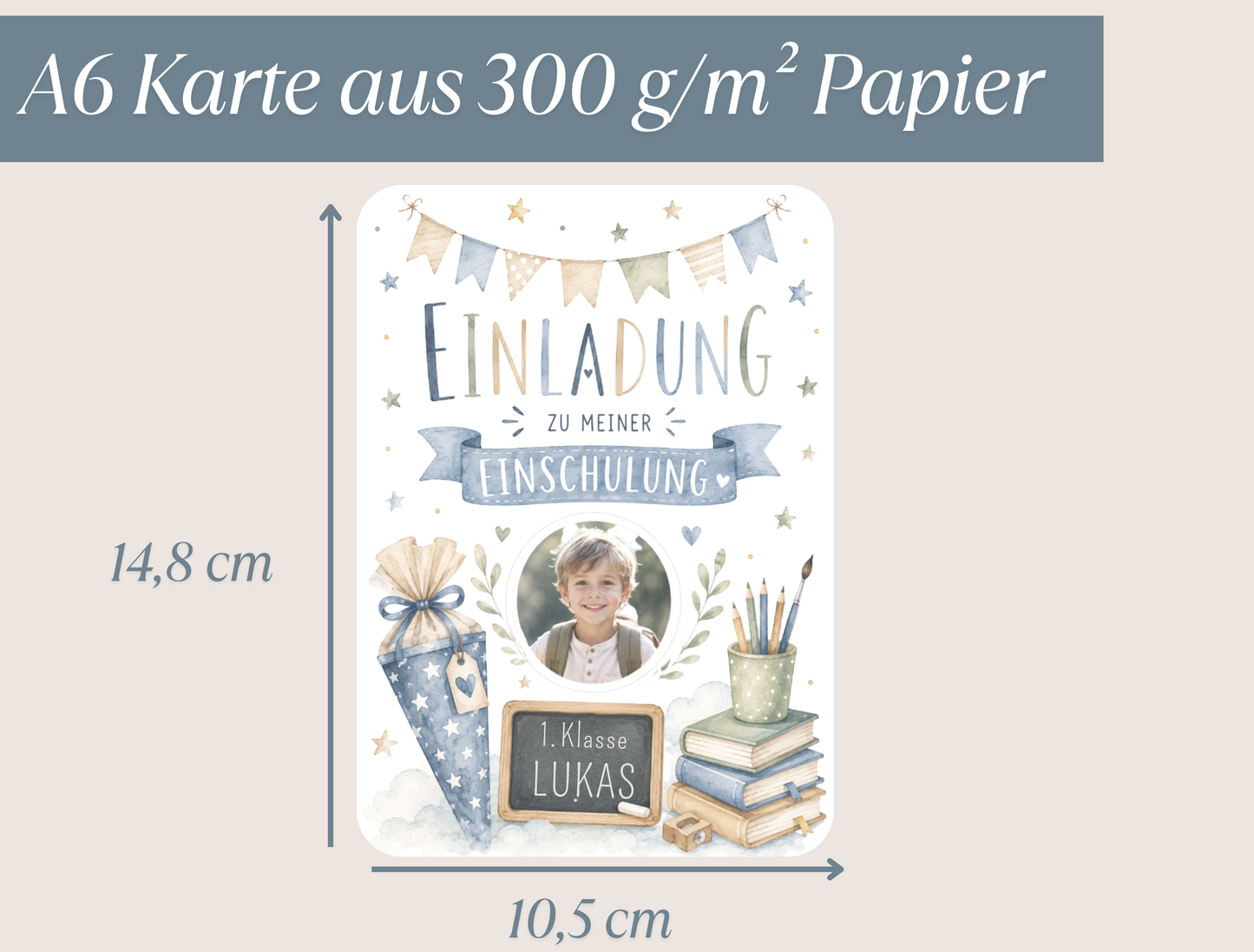 Einladungskarte Einschulung personalisiert mit Foto – Blau