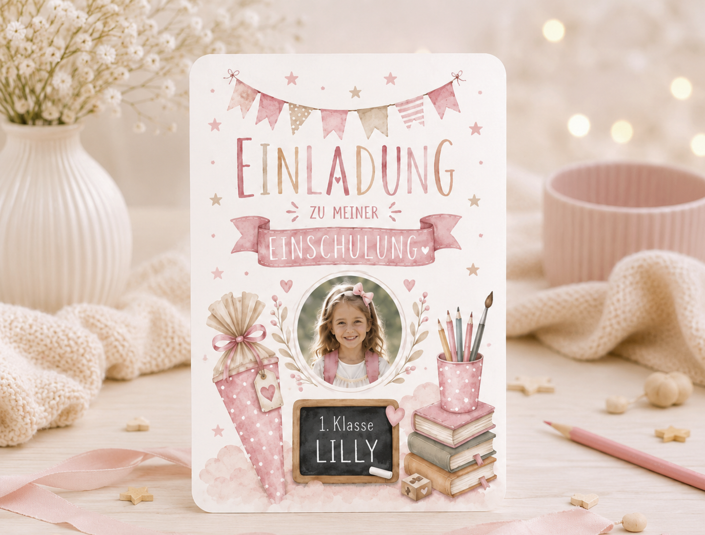 Einladungskarte Einschulung personalisiert mit Foto – Rosa