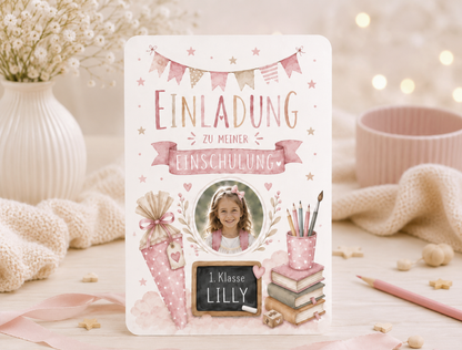 Einladungskarte Einschulung personalisiert mit Foto – Rosa