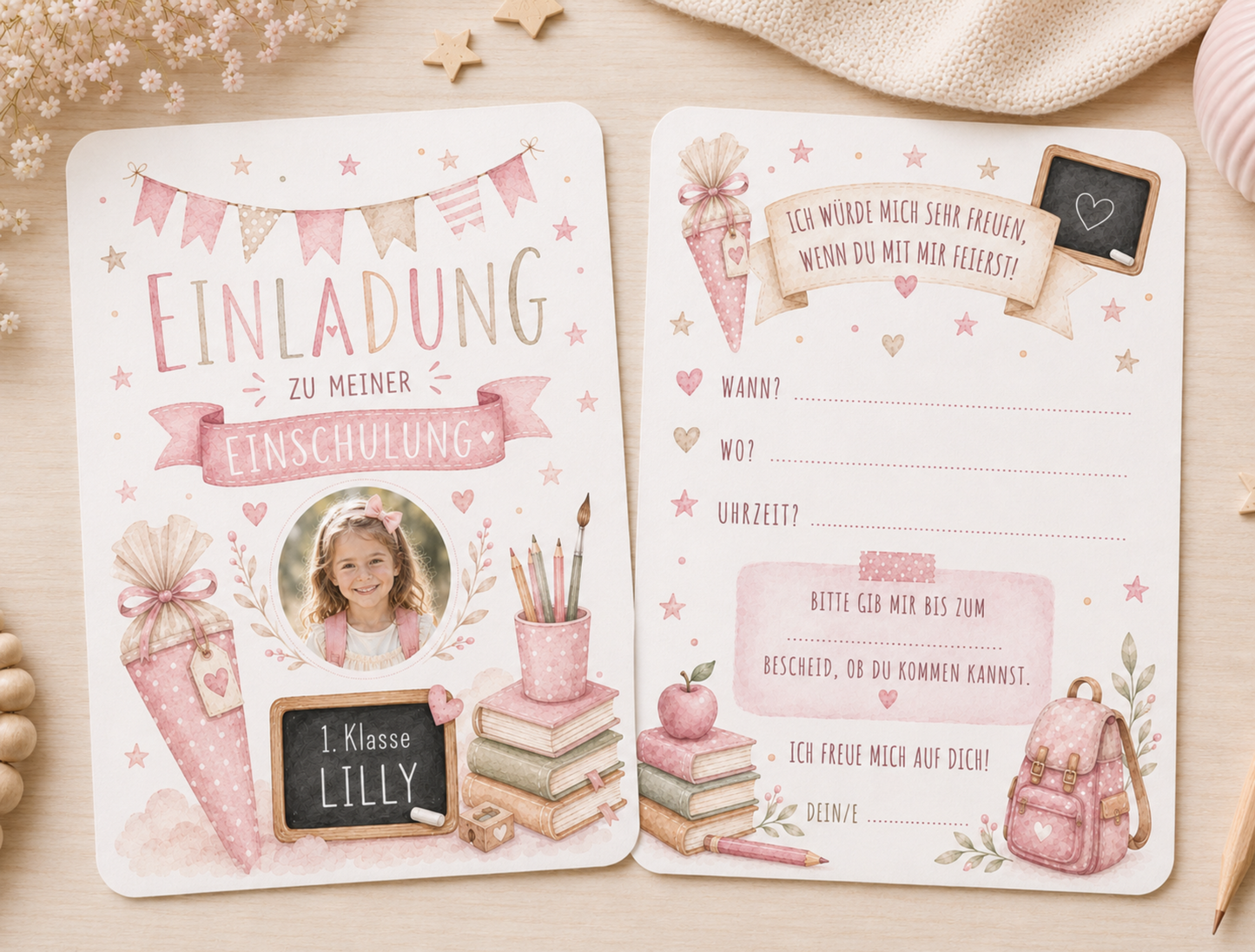 Einladungskarte Einschulung personalisiert mit Foto – Rosa