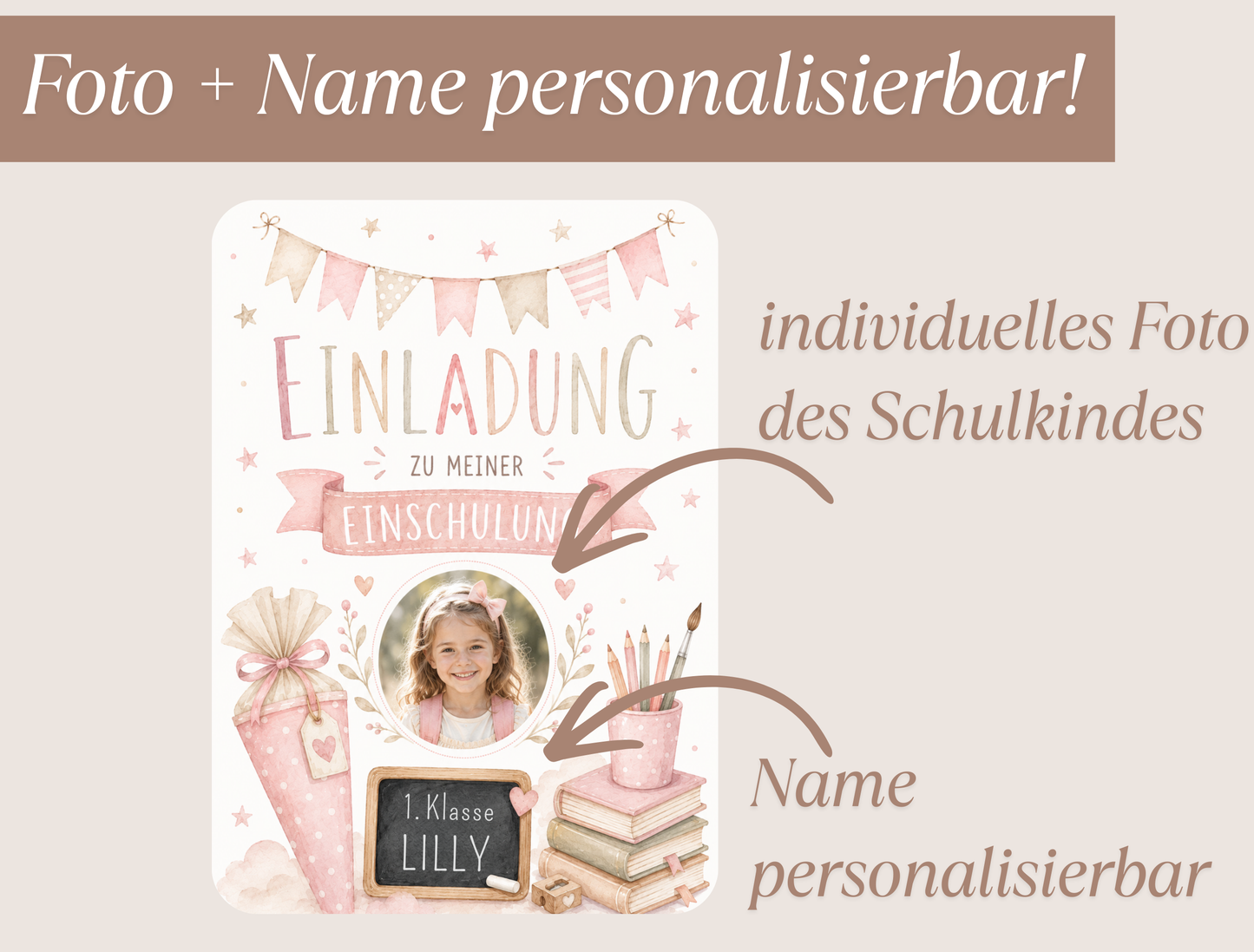 Einladungskarte Einschulung personalisiert mit Foto – Rosa