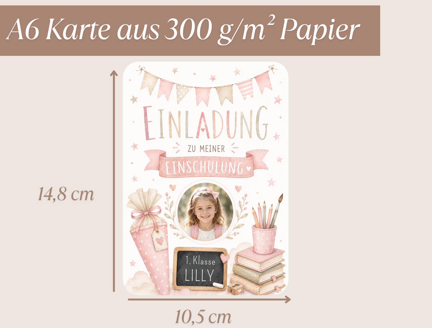 Einladungskarte Einschulung personalisiert mit Foto – Rosa