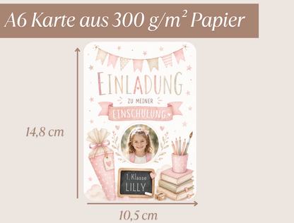 Einladungskarte Einschulung personalisiert mit Foto – Rosa